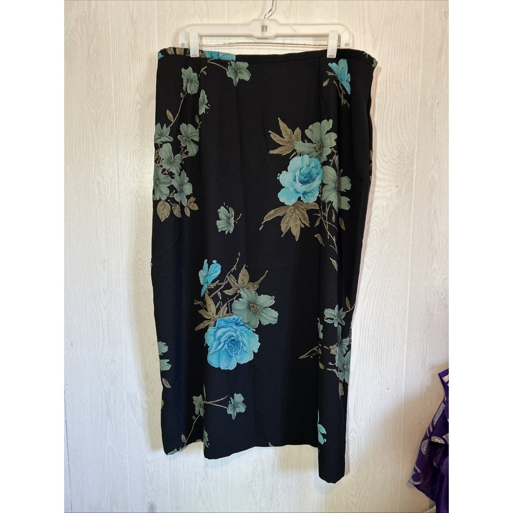 Alfred Dunner 1X Black Crepe Skirt Green Teal‎ Floral Print Long